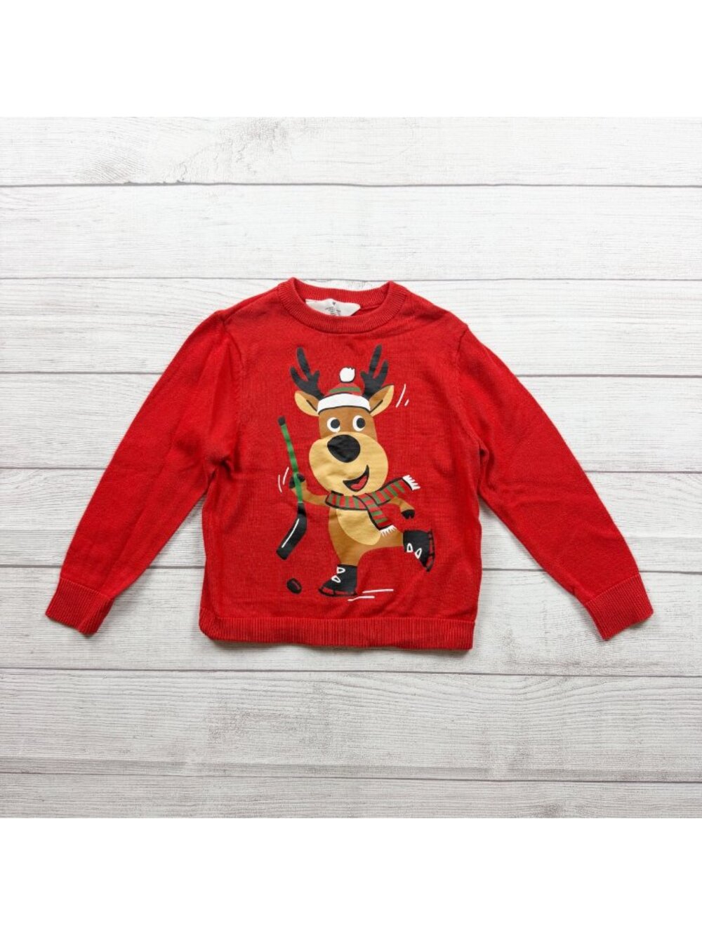 H&M Kids Holiday Reindeer Graphic Red Long Sleeve Crewneck Sweatshirt 5-6